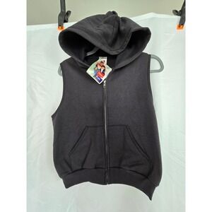 Vintage Hanes Boys Medium M 8 10 Black Full Zip Hoodie Vest Fleece Hooded Pocket